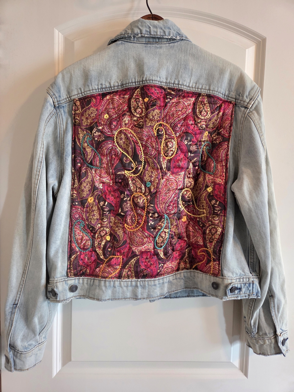 Free People Paisley Quilted Denim Jacket Oversized Boho Light Wash Trucker XS/S